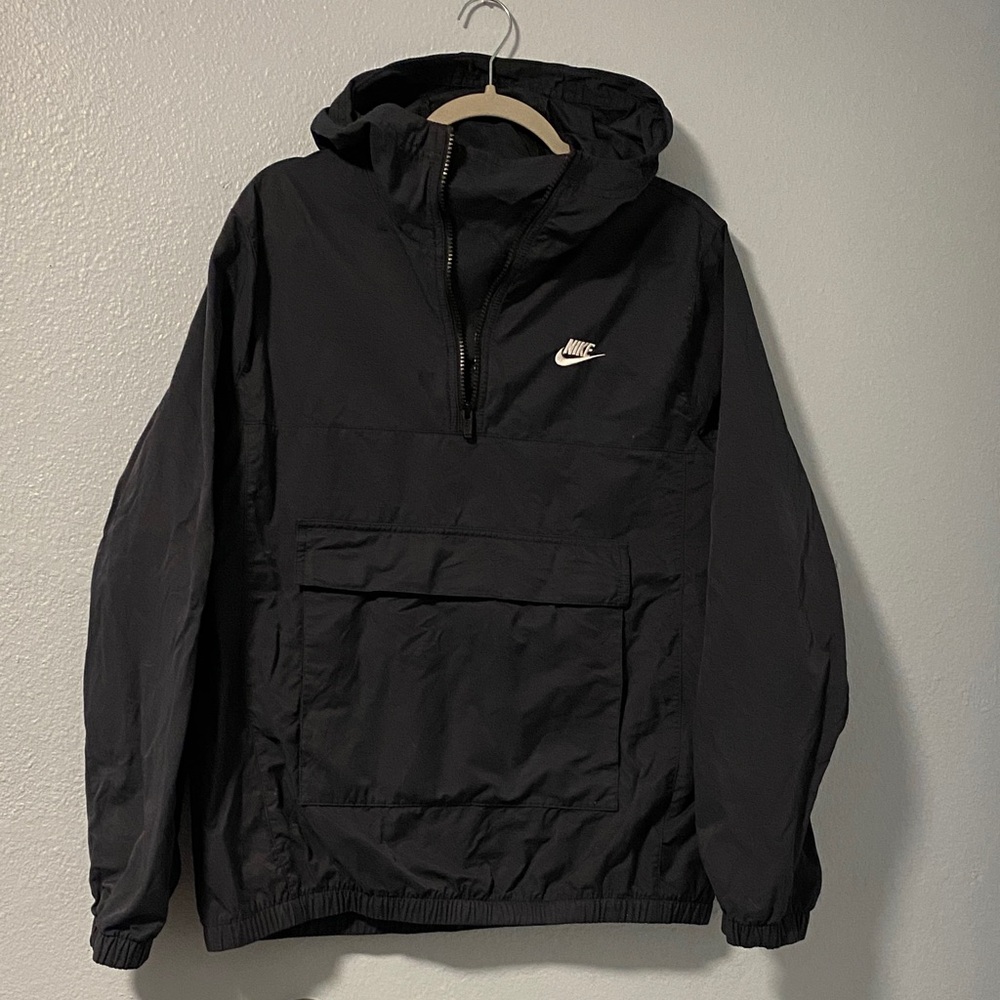 Nike Men's Size Medium Zip Front Black/Charcoal Hooded Windbreaker with pockets